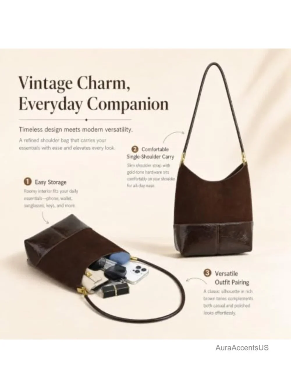 Faux Suede Hobo Shoulder Bag for Women, Vintage Underarm Purse, Lightweight